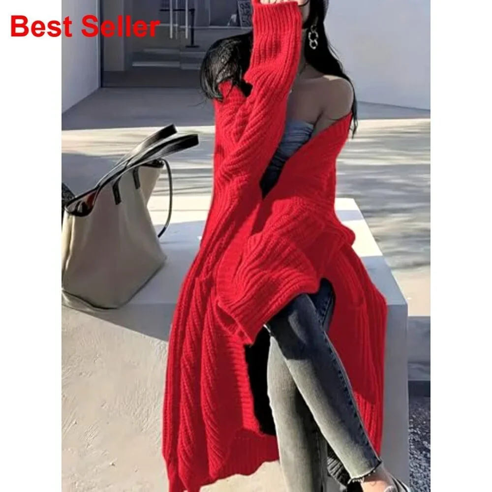 Oversized Long Cardigan Sweater with Pockets, Chunky Cable Knit, Open Front